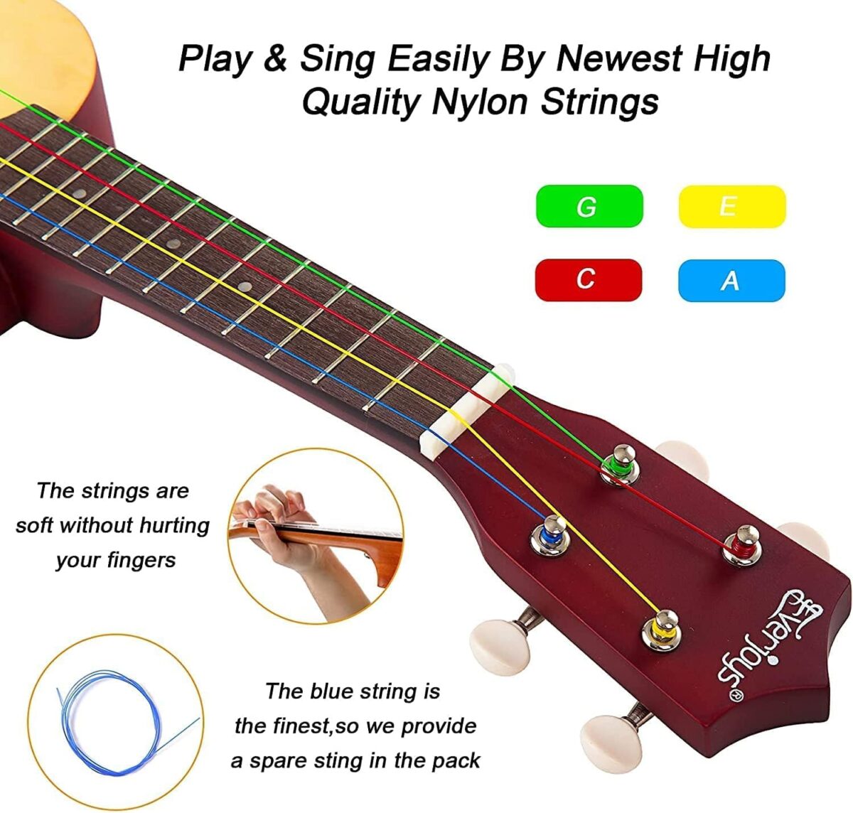 Everjoys Soprano Ukulele Beginner Pack-21 Inch w/Rainbow String Free Online Lesson Gig Bag Fast Learn Songbook Digital Tuner Pick All in One Kit - Image 3