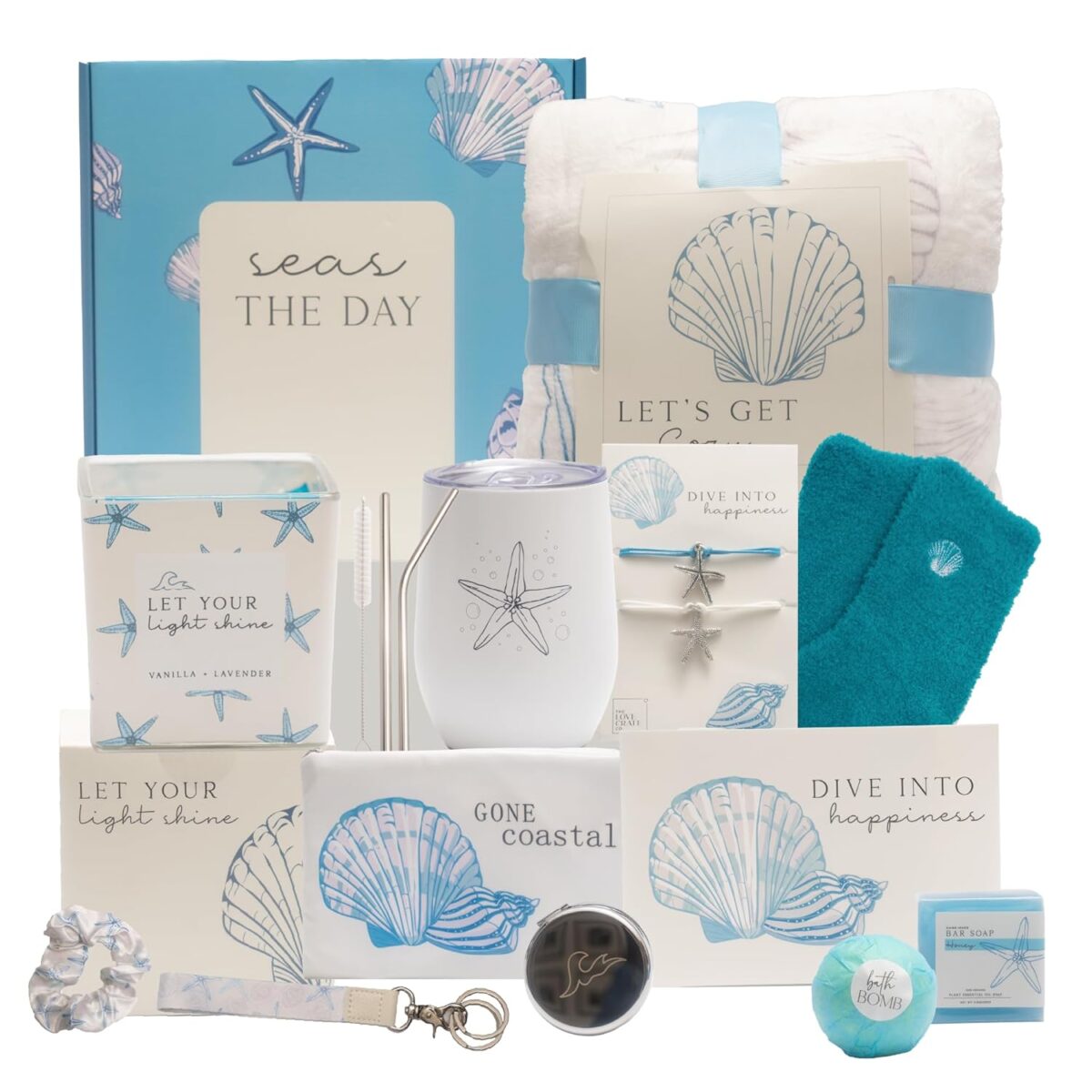 Self Care Gifts for Women. 15pc Gift Box Filled with Ocean Themed Beach Lover Gifts for Her. Thinking of You, Surgery Wellness Kit, Get Well Soon Basket, Birthday Package for Woman - Image 1