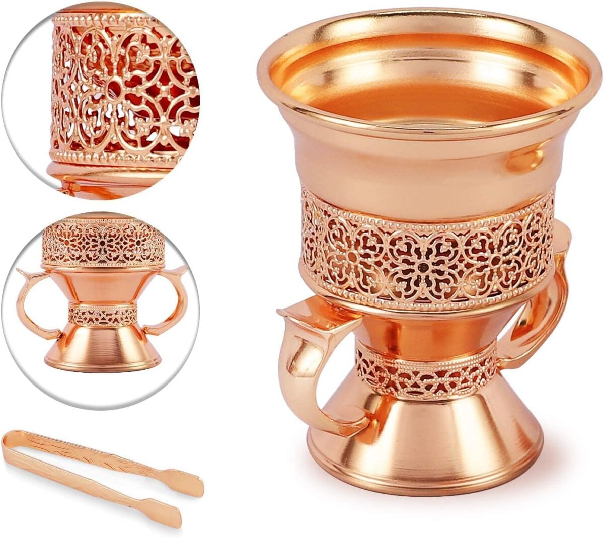 Metal Frankincense Resin Incense Burner, Incense Censer, Portable Bakhoor Burner, Charcoal Bakhoor Burner, Myrrh Burner with Tongs for Yoga, Spa Aromatherapy (Rose Gold) - Image 2