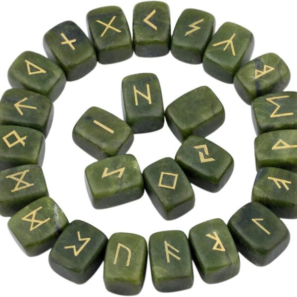 rockcloud Green Jade Rune Stones Tumbled Engraved Lettering Crystal Set for Wicca Crystals Healing Chakra Reiki