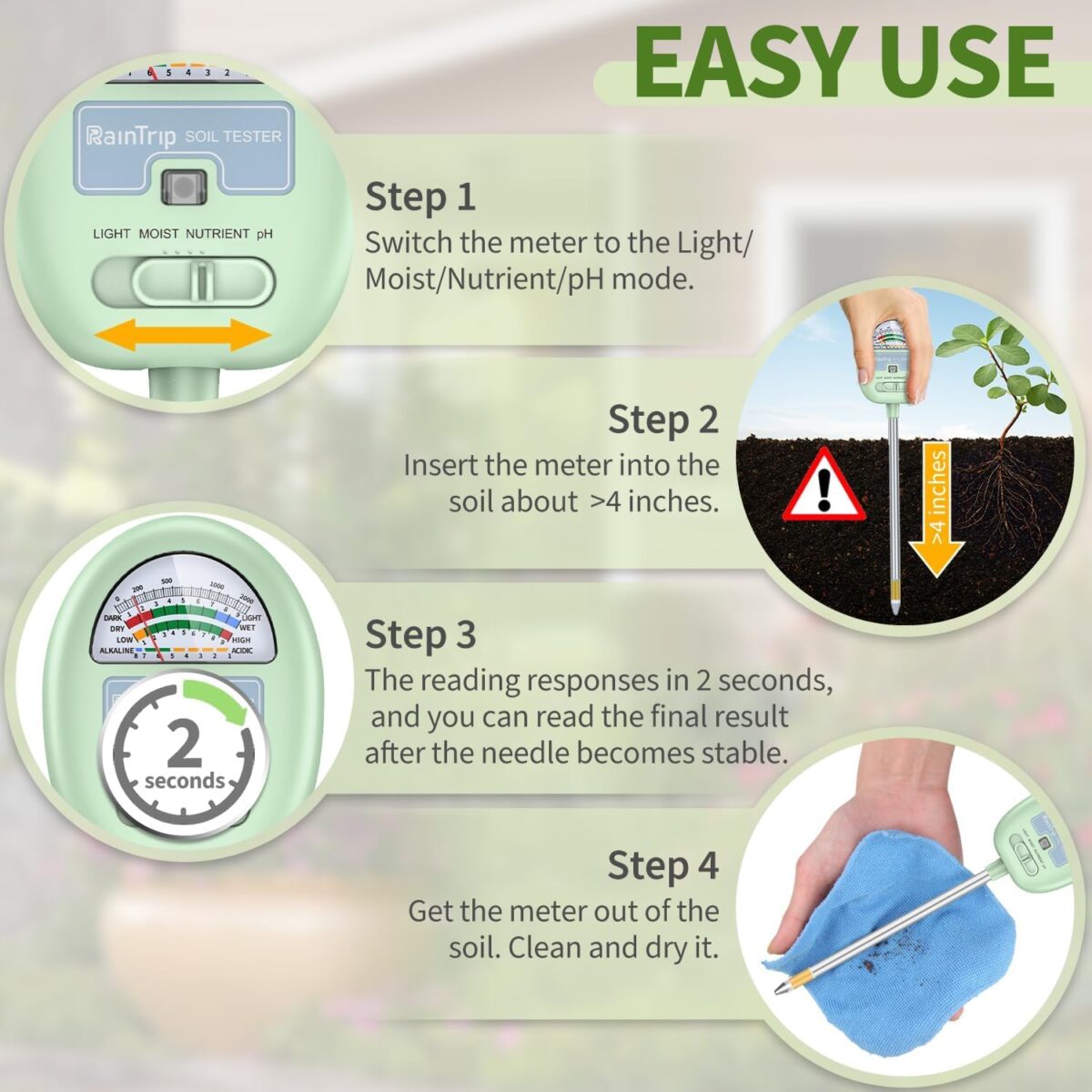 Soil Moisture Meter, 4-in-1 Moisture Meter for Plants, Tester for Moist, Light,Nutrients, pH, Soil Test Kit, Great for Garden, Lawn, Farm, Indoor & Outdoor Use, No Battery Required - Image 5