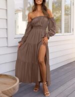 ZESICA Women's 2025 Boho Sexy Off Shoulder Long Sleeve Smocked High Waist Side Split Flowy A Line Tiered Long Maxi Dress - Image 2
