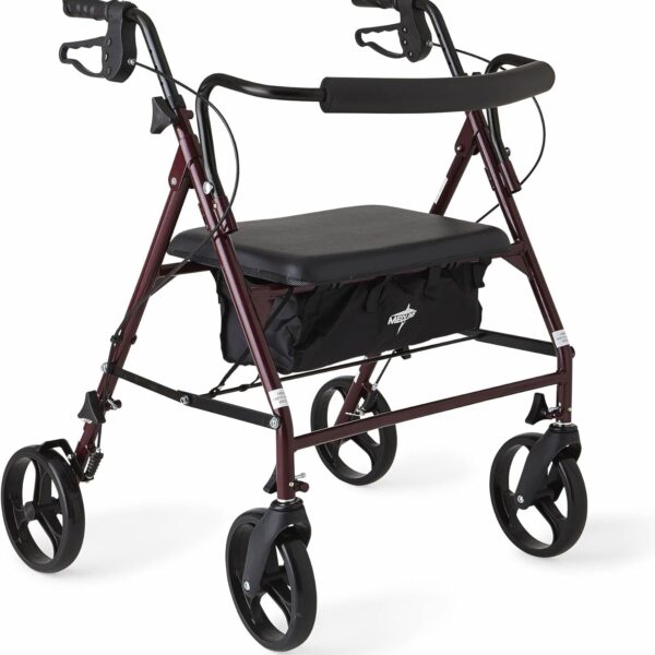 Medline Large Steel Bariatric Rollator Walker with Adjustable Handles,Padded Seat & Backrest,Burgundy, 500 lb.Weight Capacity,Foldable, Under Seat Storage,8" Wheels,Rolling Walker For Seniors & Adults