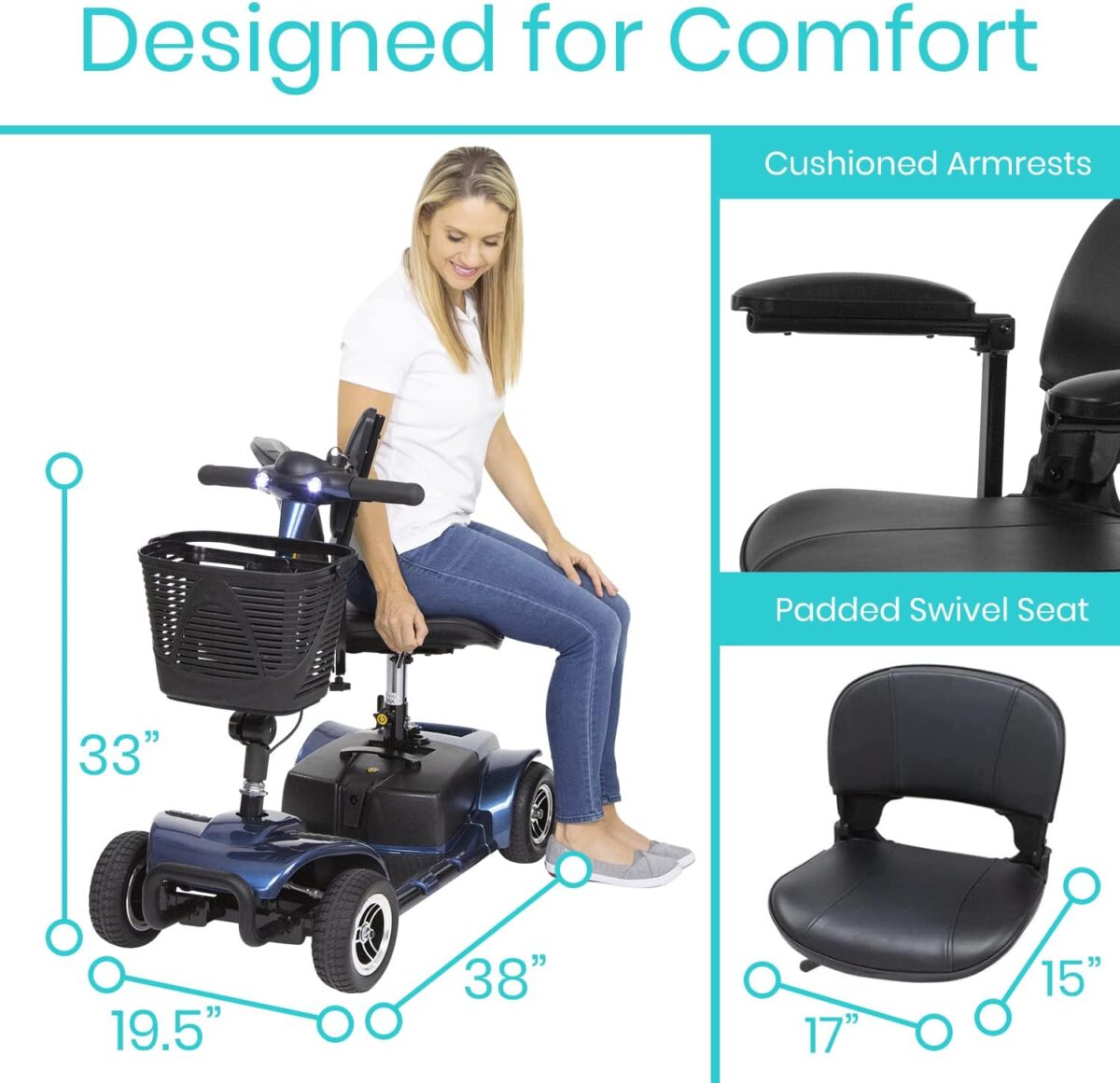 Vive 4 Wheel Mobility Scooter - Electric Powered Wheelchair Device - Compact Heavy Duty Mobile for Travel, Adults, Elderly - Long Range Power Extended Battery with Charger & Basket (FSA/HSA Eligible) - Image 4