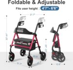 Foldable Rollator Walkers with Seat for Seniors, 8'' Big Wheels, 350 lb. Weight Capacity, Adjustable Handles and Seat Height, Lightweight Rolling Walker, Red - Image 6