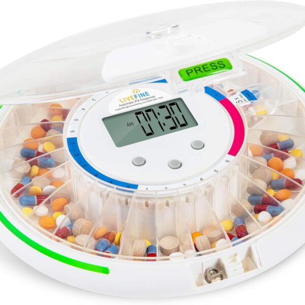 Live Fine Automatic Pill Dispenser with 28-Day Electronic Medication Organizer, 6 Dosage Templates, Easy-Read LCD Display, Sound & Light Alerts & Key for Prescriptions, Vitamins, Supplements & More