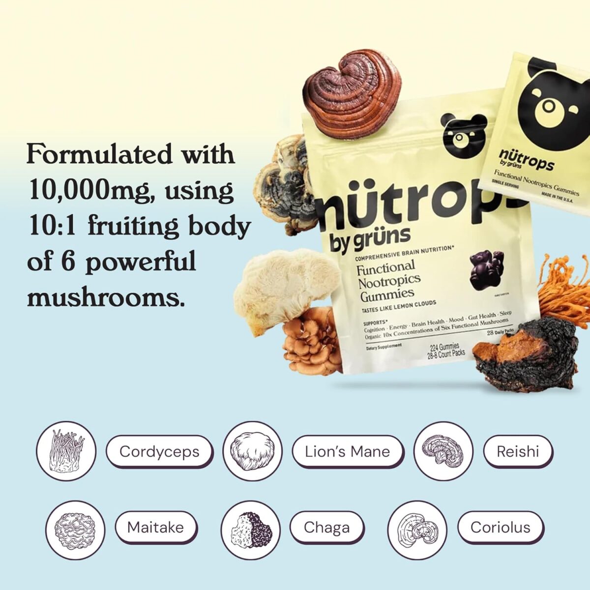 Nutrops Sugar-Free Lions Mane Mushroom Gummies for adults, Functional Nootropics, Herbal Brain Supplement for Energy, Brain Health, Cognitive, Memory & Focus, Reishi, Chaga, Cordyceps, Coriolus - 28 Day Supply - Image 3