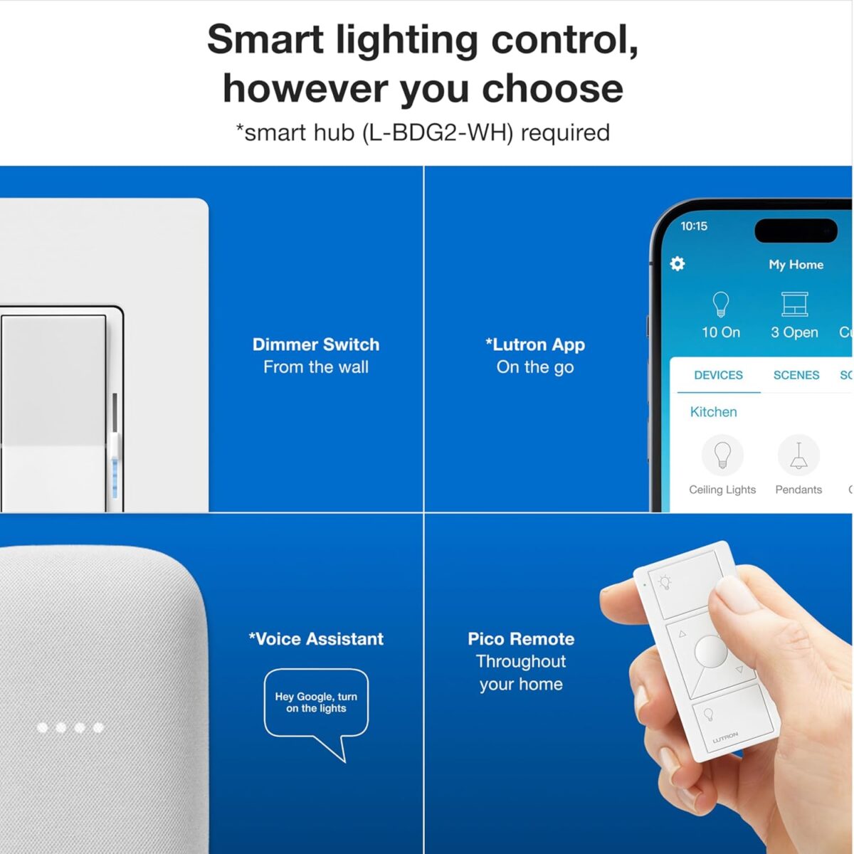 Lutron Diva Smart Dimmer Switch Kit for Caseta Smart Lighting, w/ Smart Hub, Pico Remote, & Pedestal, Works with Alexa, Apple Home, and Google Home, 3 Way, 150W, No Neutral Req, DVRF-BDG-1D-A - Image 3