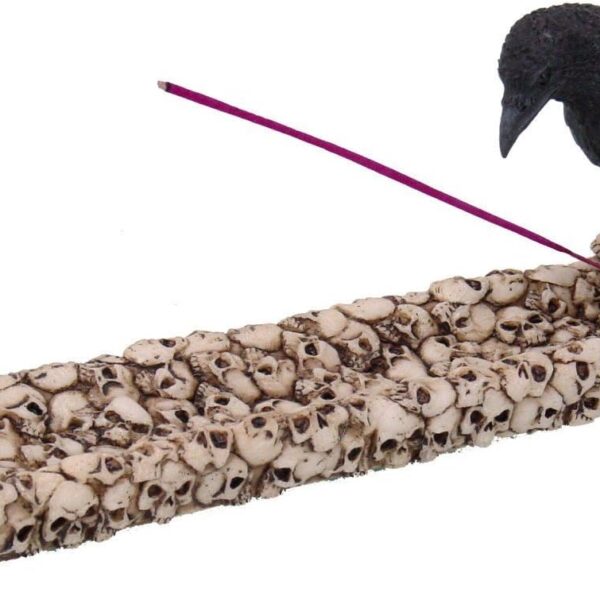 Black Raven Bird Stalking Prey Incense Burner on Skull Mound Statue Figurine