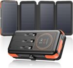 SOARAISE Solar Charger 25000mAh Wireless Portable Charger, 20W Fast Charging Power Bank with Built-in 3 Cables, PD QC 3.0 Phone Battery Pack with 4 Solar Panels & Flashlights for Camping