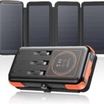 SOARAISE Solar Charger 25000mAh Wireless Portable Charger, 20W Fast Charging Power Bank with Built-in 3 Cables, PD QC 3.0 Phone Battery Pack with 4 Solar Panels & Flashlights for Camping