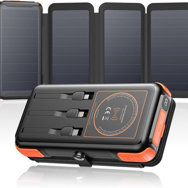 SOARAISE Solar Charger 25000mAh Wireless Portable Charger, 20W Fast Charging Power Bank with Built-in 3 Cables, PD QC 3.0 Phone Battery Pack with 4 Solar Panels & Flashlights for Camping