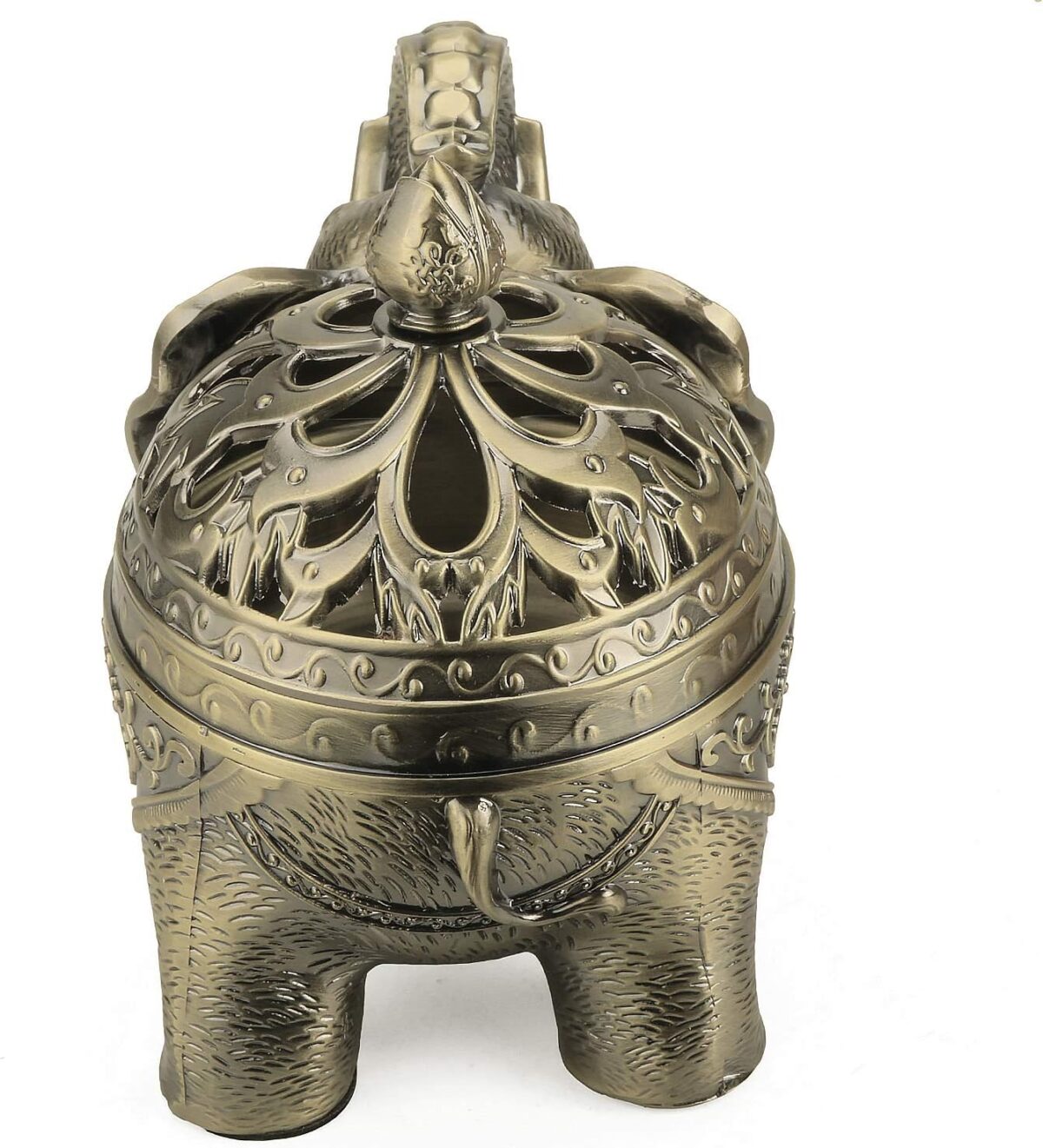 K COOL Metal Backflow Incense Holder Elephant Cone Coil Incense Burner Ash Catcher with Lid, Aromatherapy Ornament Home Office Decoration for Indoor Outdoor (Bronze) - Image 5