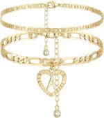 YANODA Initial Ankle Bracelets for Women 14K Gold Plated Layered Figaro Chain Letter Initial Anklets Handmade Layered Heart Ankle Bracelets Personalized Jewelry for Women