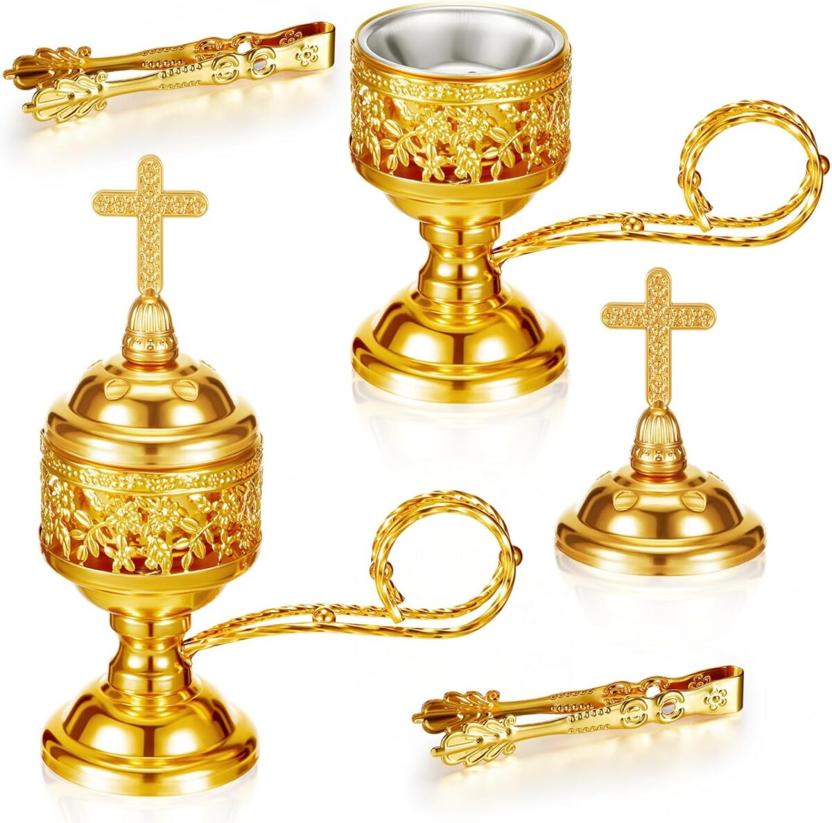 Zonon 2 Sets Incense Burner with Tong, Gold Frankincense Charcoal Incense Stand Holder, Ideal for Yoga, Spa, Aromatherapy, Home and Christian Church Censer - Image 1