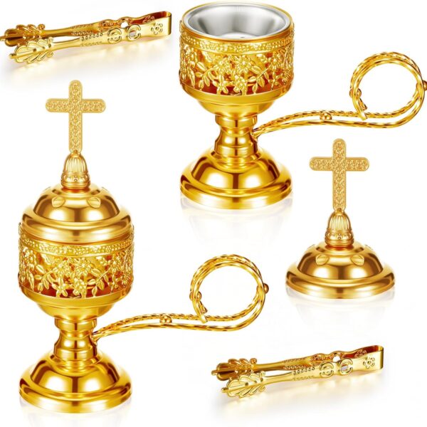 Zonon 2 Sets Incense Burner with Tong, Gold Frankincense Charcoal Incense Stand Holder, Ideal for Yoga, Spa, Aromatherapy, Home and Christian Church Censer