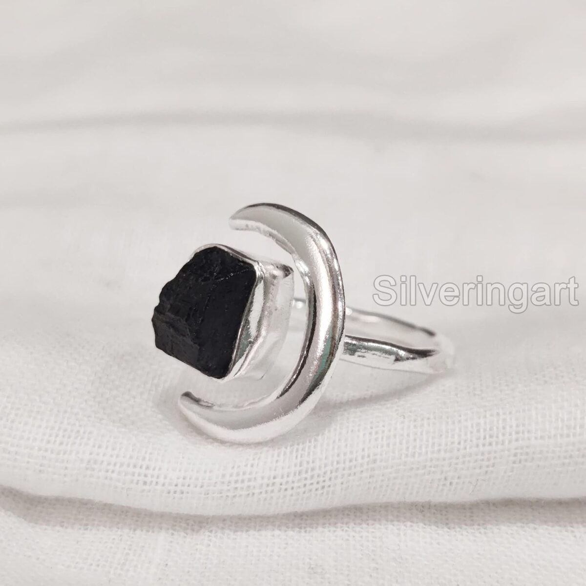 Natural Black Tourmaline Ring, Rough Tourmaline Crescent Moon Adjustable Ring, October, 925 Sterling Silver, Womens Ring, Christmas, Handmade, Statement Jewelry, Raw Gemstone Jewelry (10) - Image 2