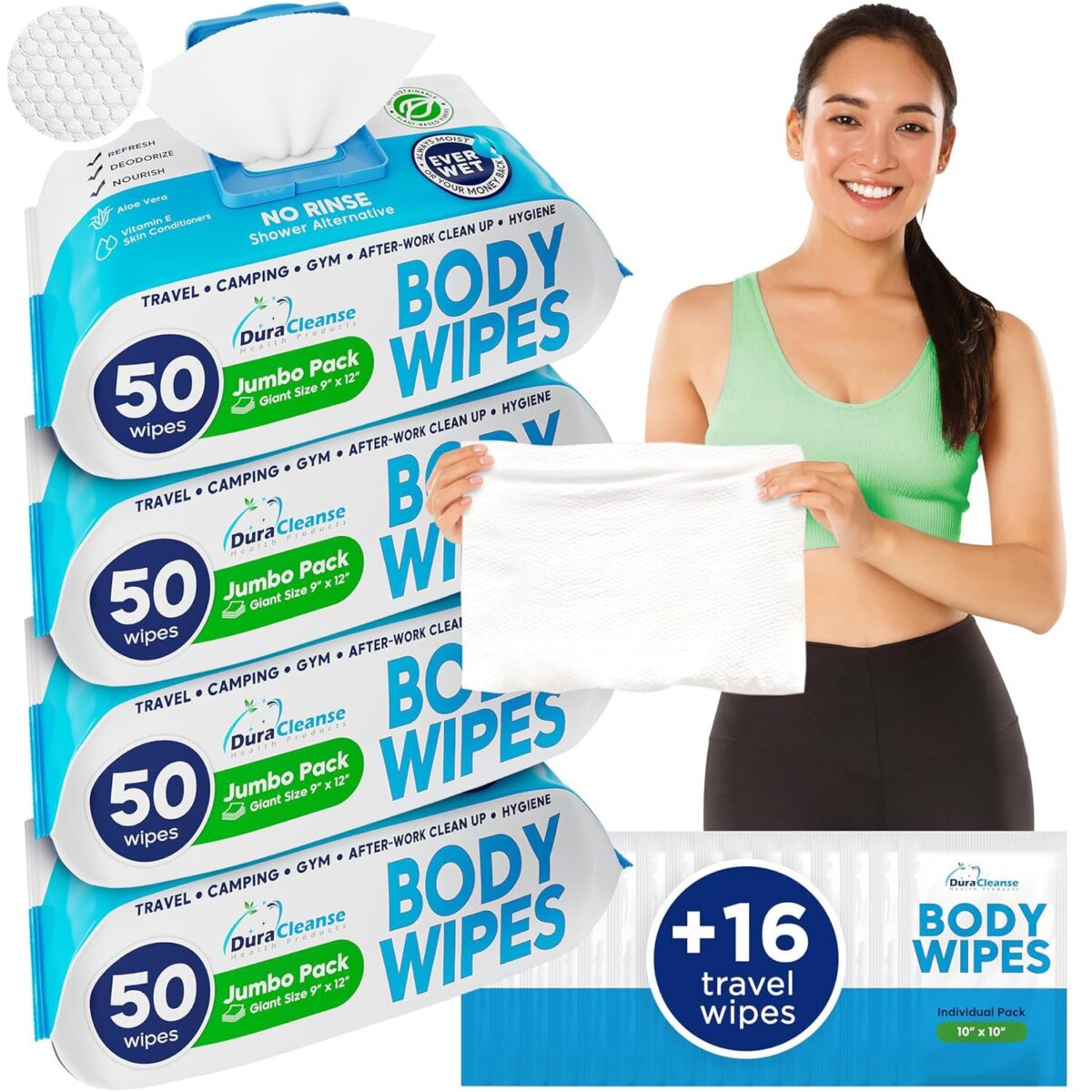 XL Body Wipes - (4 Pack) 200 Shower Wipes + 16 Travel Bath Sheets - 9" x 12" Thick Cleansing Waterless Washcloths - No Rinse Disposable Adult Wash Cloths for Elderly Incontinence, Camping Essentials - Image 1