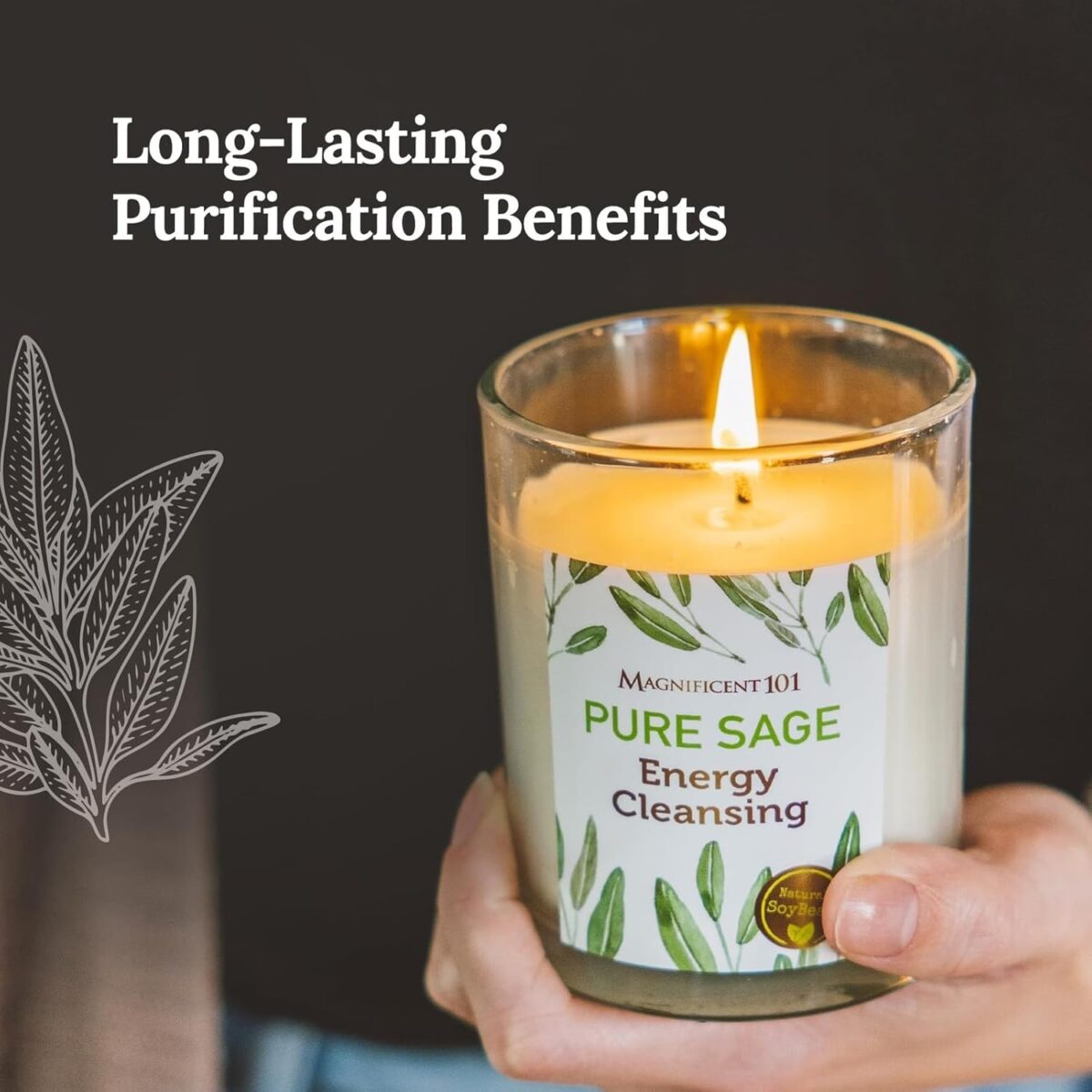 Magnificent 101 Set of 3 Long Lasting Pure Sage Smudge Candles - 42-Hour Burn, 3.5 Oz Each, Soy Wax, Sage Cleansing for House Energy, Meditation & Manifestation - Image 2