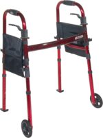 Drive Medical Deluxe Portable Folding Travel Walker with 5" Wheels and Fold up Legs, Red