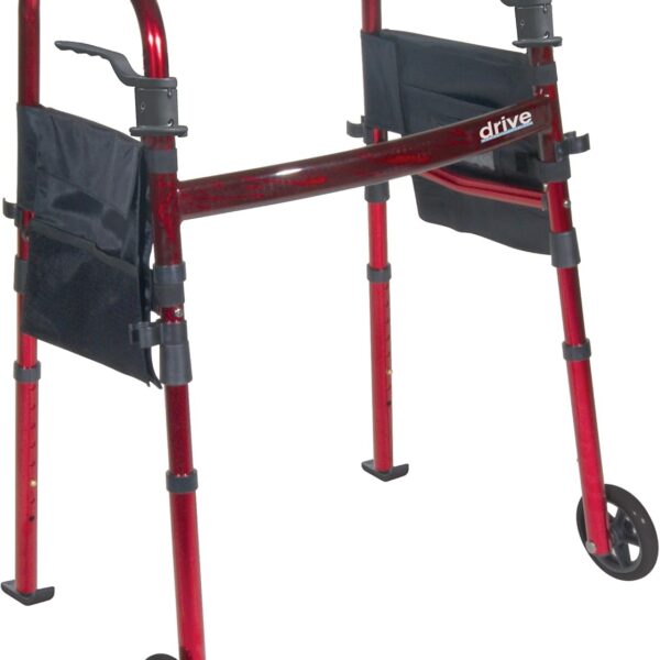 Drive Medical Deluxe Portable Folding Travel Walker with 5" Wheels and Fold up Legs, Red