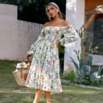 Amegoya Women's Boho Flowy Long Sleeve Square Neck Floral Midi Dress Smocked Spring Fall Wedding Guest Dresses - Image 3
