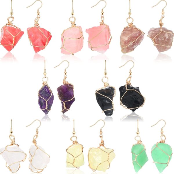 8 Pairs Handmade Crystal Drop Earrings for Women Natural Raw Amethyst Dangling Earrings Healing Crystals Earrings Sets