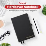 Promot Ruled Journal Notebook - Custom Embossed Text with Gold Metallic Foil - A5 Black 192 Lined Pages 8.2 x 5.5 Inch, 100 GSM, Pen Loop, Inner Pocket, Elastic Band, PU Leather Hardcover - Image 2