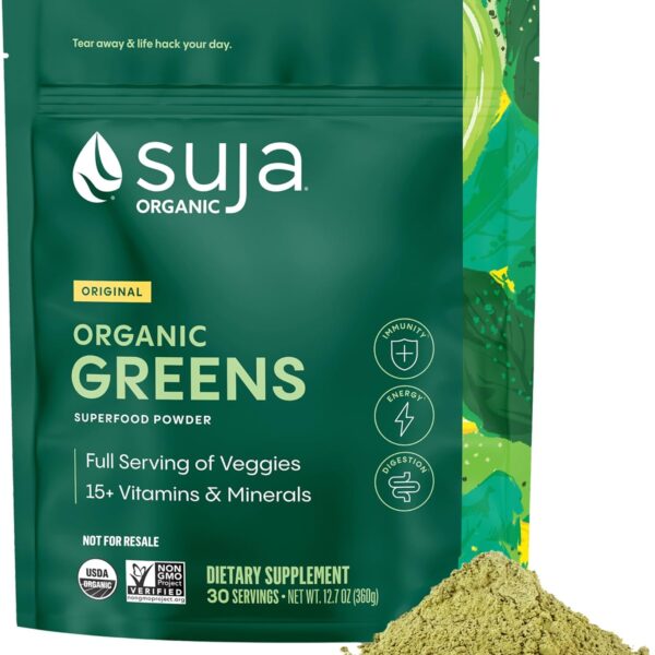Suja Organic Greens Powder Probiotic Blend, Spirulina, Daily Superfood Drink or Smoothie Mix for Immune Support, Digestion, & Energy, Vegan, Gluten Free, Non GMO, 30 Servings