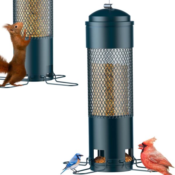 Bird Feeders for Outdoors Squirrel Proof with Weight-Activated Perches, Hanging Bird Feeder for Outside, Metal Feeder for Wild Cardinal, Finch, Blue Jay, Chickadee, 3LB Seed Capacity, Green