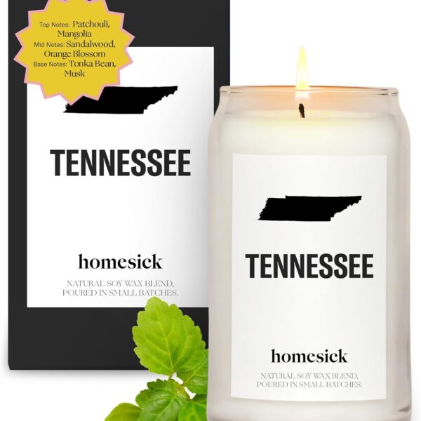 Homesick Scented Candles for Home (Tennessee) - 13.75 oz Long-Lasting Soy Wax Jar Candle for Women & Men for All Occasions, 60-80 Hours Burn Time - Notes of Patchouli, Sandalwood & Tonka Bean