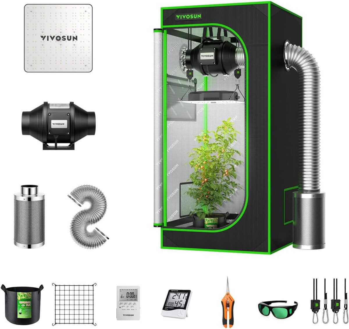 VIVOSUN Grow Tent Complete System, 2 x 2 ft. Grow Tent Kit Complete with VS1000 Led Grow Light, 4 Inch 190CFM Inline Fan, Carbon Filter and 8ft Ducting Combo, 24" x 24" x 48" - Image 1