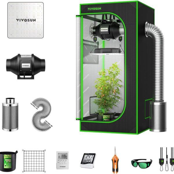 VIVOSUN Grow Tent Complete System, 2 x 2 ft. Grow Tent Kit Complete with VS1000 Led Grow Light, 4 Inch 190CFM Inline Fan, Carbon Filter and 8ft Ducting Combo, 24" x 24" x 48"