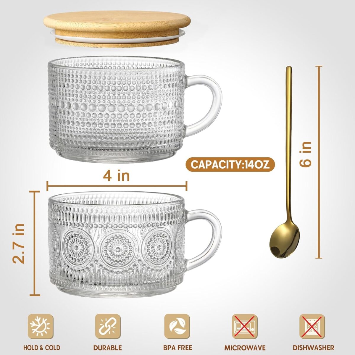LANDNEOO 4pcs Set Vintage Coffee Mugs gifts for women, Overnight Oats Containers with Bamboo Lids and Spoons - 14oz Clear Embossed Glass Cups, Cute Coffee Bar Accessories, Iced Coffee Glasses - Image 6