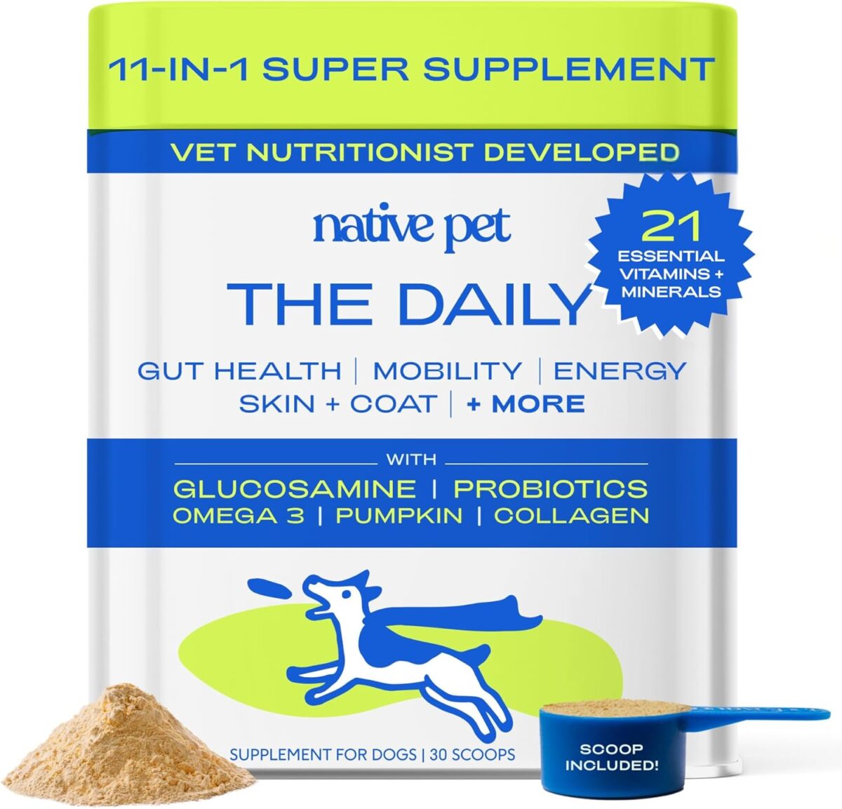 Native Pet Dog Vitamins & Supplements - 30 Scoops - 11-in-1 Multivitamin for Dogs with 21 Supplements & Vitamins – Nutritious Food Topper Powder - Pet Health & Puppy Essentials - Image 1