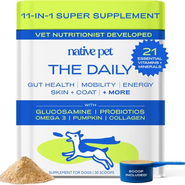 Native Pet Dog Vitamins & Supplements - 30 Scoops - 11-in-1 Multivitamin for Dogs with 21 Supplements & Vitamins – Nutritious Food Topper Powder - Pet Health & Puppy Essentials