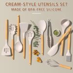 Umite Chef Kitchen Cooking Utensils Set, 33 pcs Non-Stick Silicone Cooking Kitchen Utensils Spatula Set with Holder, Wooden Handle Silicone Kitchen Gadgets Utensil Set (Khaki) - Image 4
