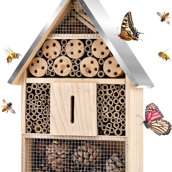 Wooden Mason Insect Bee Butterfly House,Insect Hotel,an Outdoor Hanging Bamboo Habitat for Bee Butterfly Ladybugs Live,Bee Box,Butterfly Habitat for Garden,9 x 15.7 x 2.5 Inch