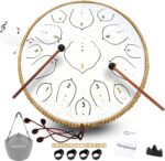 Steel Tongue Drum - 14 Inch Tongue Drum Instrument - 15 Notes Hand Pan Drums with Music Book, Handpan Drums Instrument Mallets and Carry Bag, D Major White