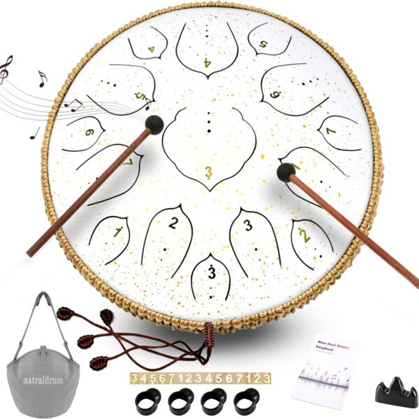 Steel Tongue Drum - 14 Inch Tongue Drum Instrument - 15 Notes Hand Pan Drums with Music Book, Handpan Drums Instrument Mallets and Carry Bag, D Major White