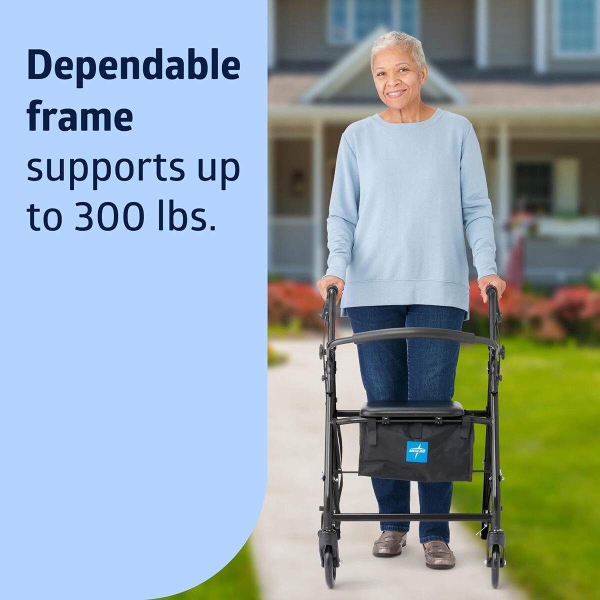 Medline Lightweight Aluminum Rollator Walker for Adult Mobility Impairment, Black, 300 lb. Weight Capacity, 8" Wheels, Foldable, Adjustable Handles, Walker for Seniors - Image 2