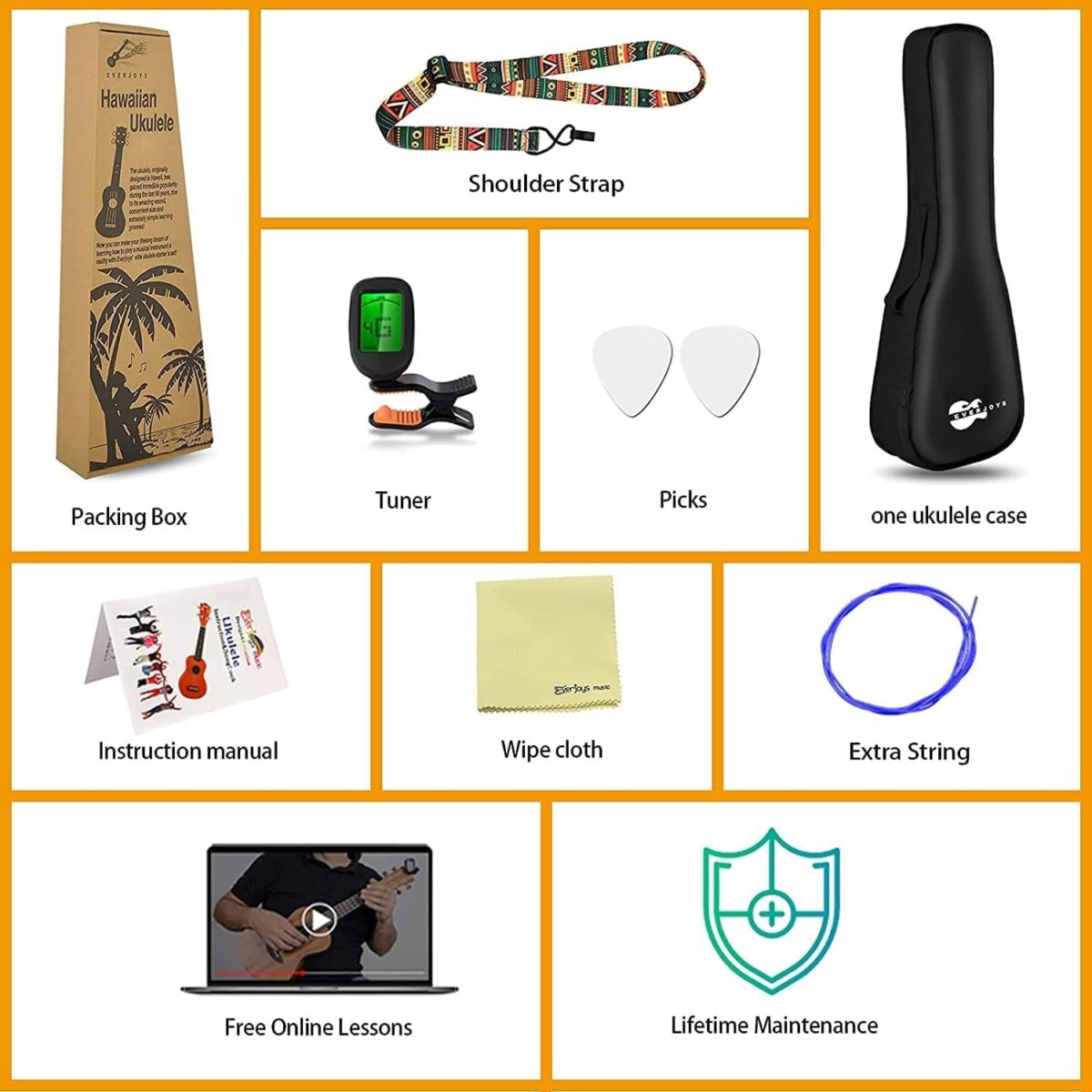 Everjoys Soprano Ukulele Beginner Pack-21 Inch w/Rainbow String Free Online Lesson Gig Bag Fast Learn Songbook Digital Tuner Pick All in One Kit - Image 6