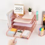 gianotter Paper Letter Tray Organizer with File Holder, 4-Tier Desk Accessories & Workspace Desk Organizers with Drawer and 2 Pen Holder for Office Supplies (Rose Gold) - Image 4