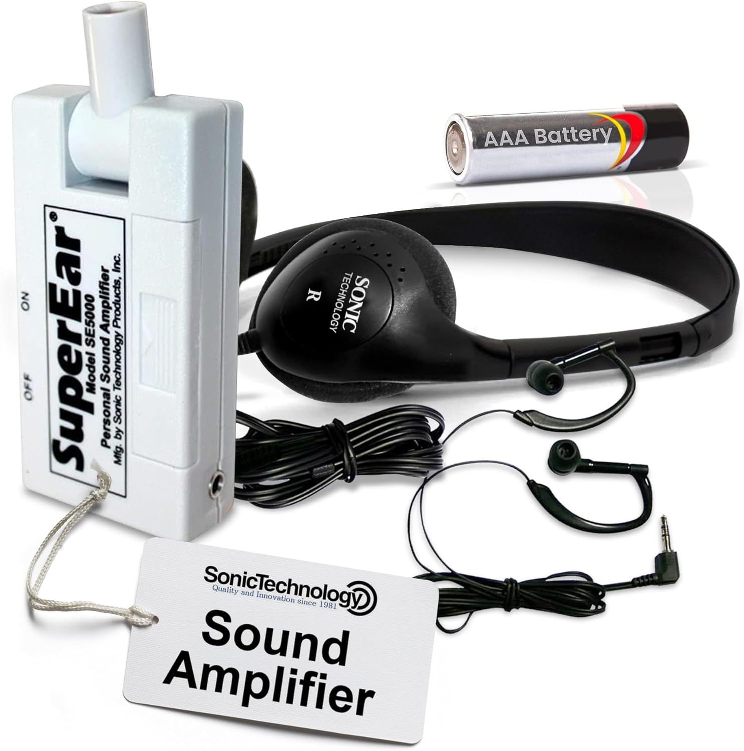 71qyv9XdQZL._AC_SL1500_.jpg SuperEar Personal Sound Amplifier Model SE5000 (PSAP), 50dB Gain, Hand Held Pocket Size Audio Amplifier with Headphones, EarBuds, Tactile On/Off Volume Control for Adults, Audiologists, and Seniors - Image 1