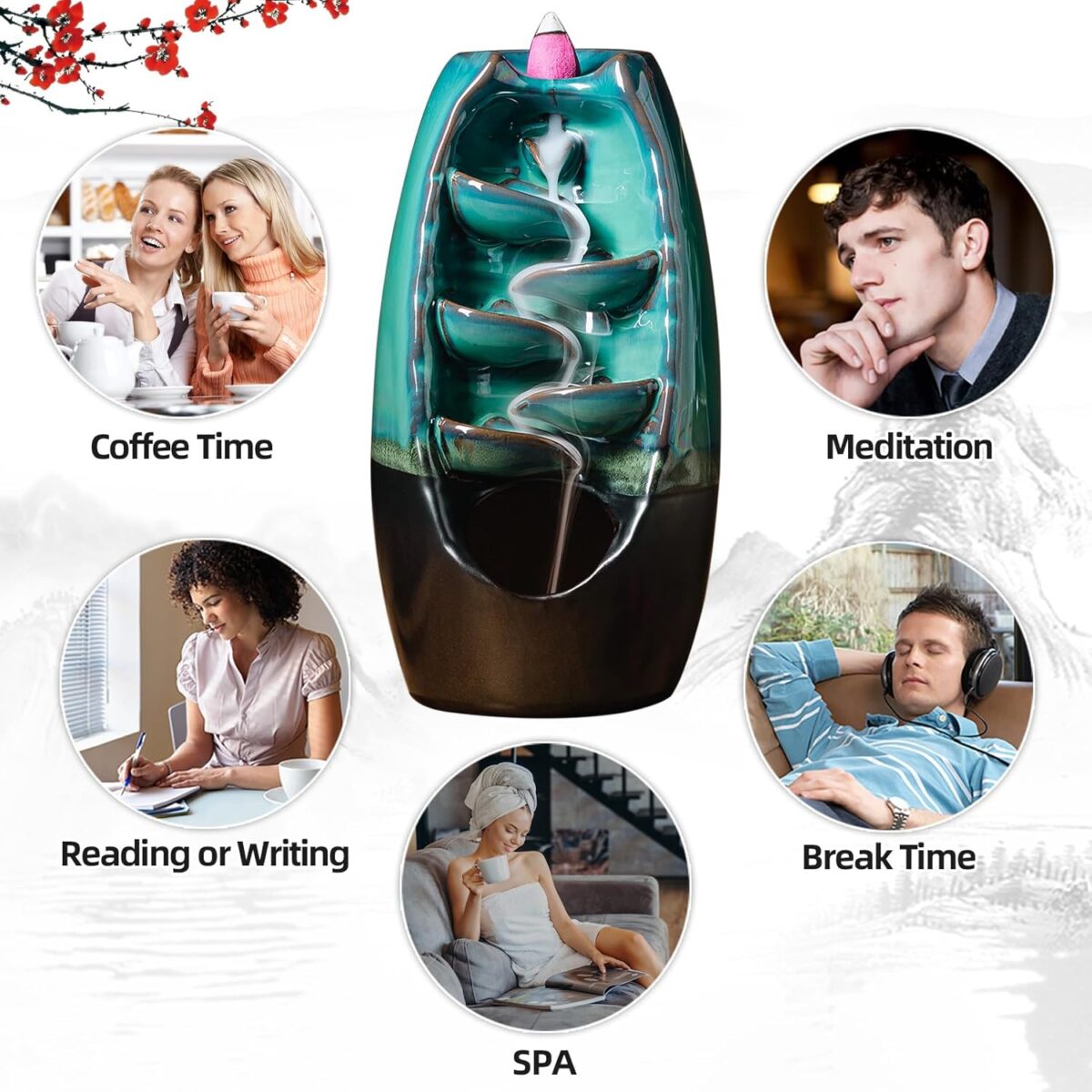 INONE Ceramic Incense Burner with 100 Upgraded Cones, Waterfall Backflow Incense Holder, Aromatherapy Ornament, Zen Decor, Home Decor, Room Decor (Cyan) - Image 3