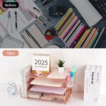 gianotter Paper Letter Tray Organizer with File Holder, 4-Tier Desk Accessories & Workspace Desk Organizers with Drawer and 2 Pen Holder for Office Supplies (Rose Gold) - Image 2