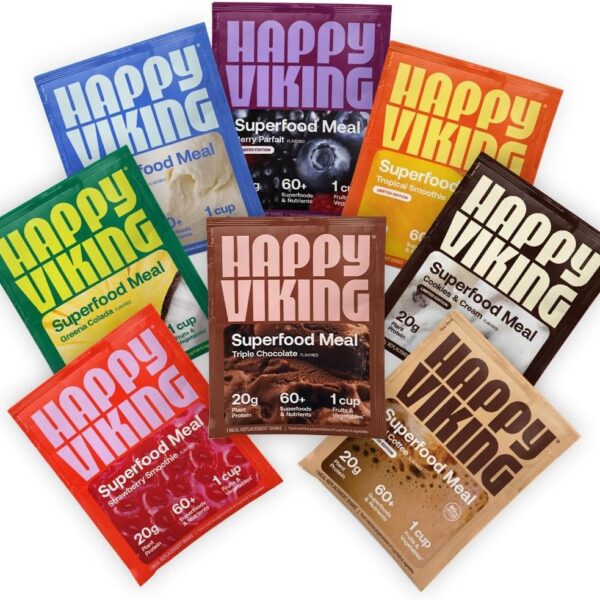 Happy Viking Variety Pack Plant Protein Powder, Created by Venus Williams, 20G Protein, Low Carb, Keto, Vegan, Gluten-Free, Non-GMO, Superfoods, Complete Meal Replacement, 8 Single Serve Packs