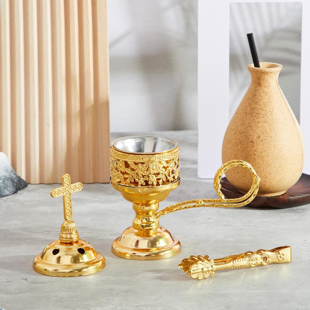 Zonon 2 Sets Incense Burner with Tong, Gold Frankincense Charcoal Incense Stand Holder, Ideal for Yoga, Spa, Aromatherapy, Home and Christian Church Censer - Image 4