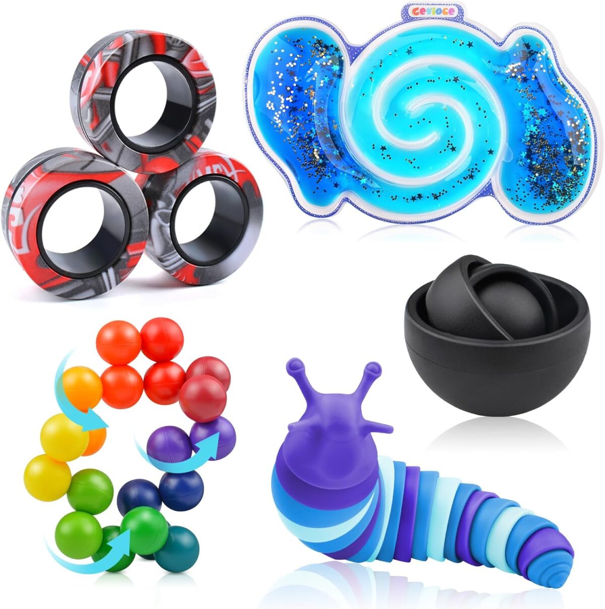 Cevioce 5Pcs Fidget Toys Adults Pack,Stocking Stuffers for Teens Boys Girls,Autism Sensory Toys with Fidget Spinner Slug Magnetic Rings,Squishy Fidget Toys ADHD Stress Relief, for Kid-B - Image 1