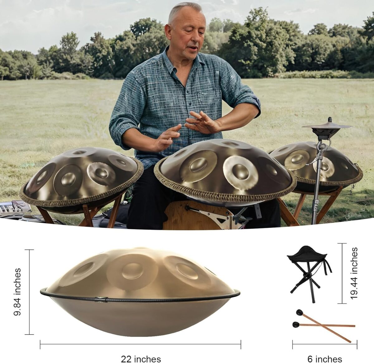 Handpan Drum 22 Inches D Minor Kurd, 432Hz 10 Notes Hand Drum Instrument, Premium Steel Hand Drum, Handpan Instrument Handpan Drum for Adults (Gold) - Image 5